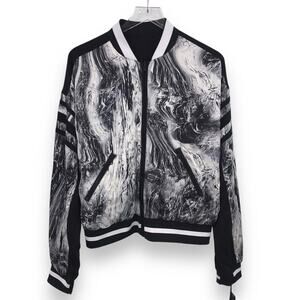 Blanc Noir Womens Reversible Silk Bomber Jacket M Full Zip Black Printed NWT